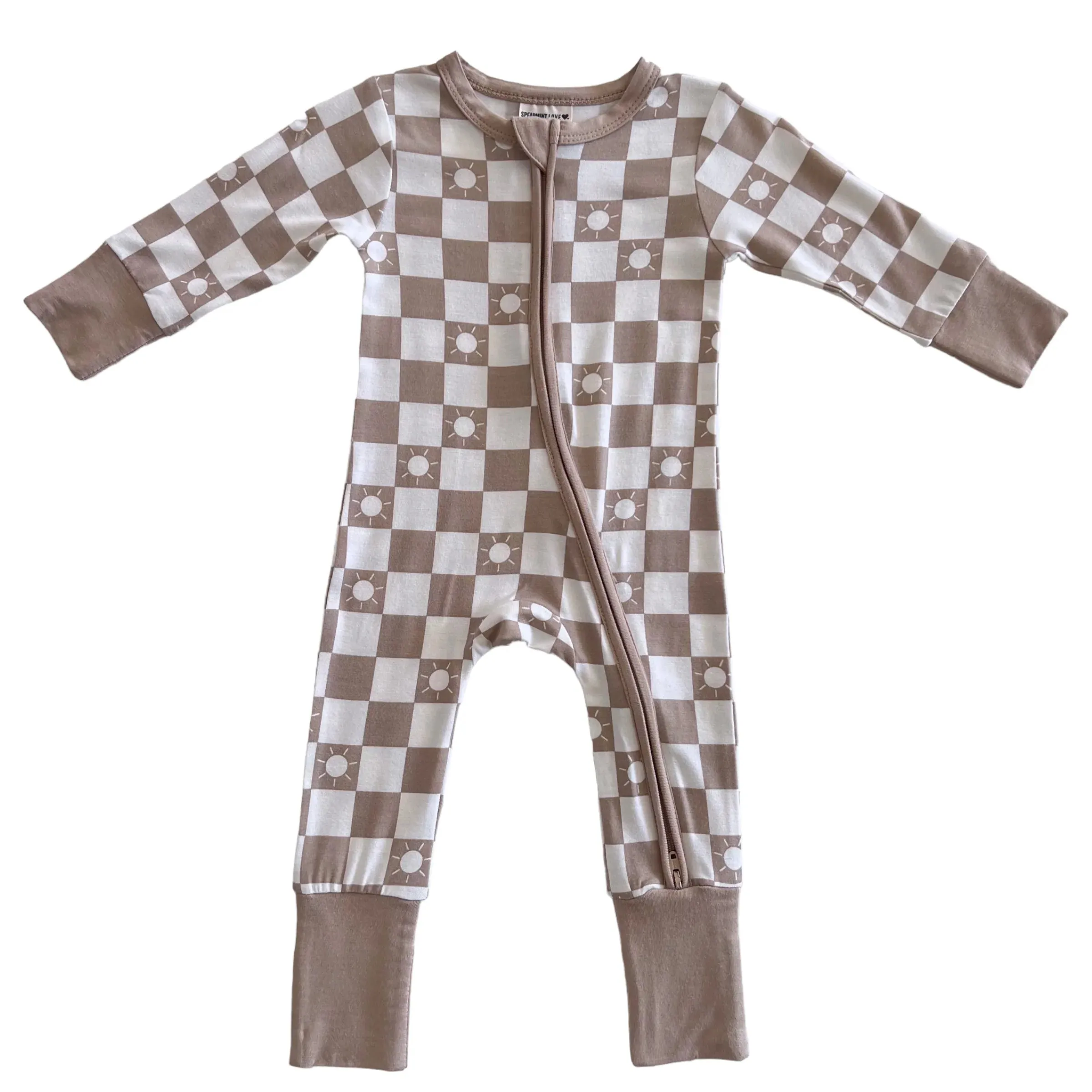 2-Way Convertible Zip Romper, Tan Sun Checkerboard