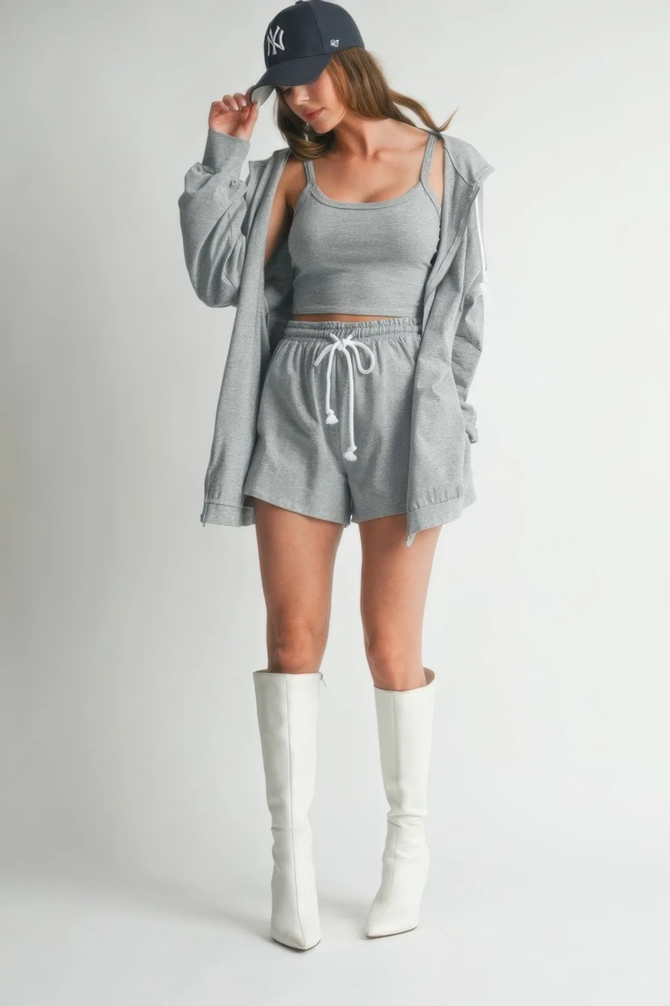 3 Piece Hooded Sweater Set with Crop Top & Short