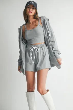 3 Piece Hooded Sweater Set with Crop Top & Short