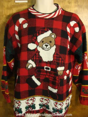 80s Plaid Santa Teddy Bear Ugly Christmas Sweater