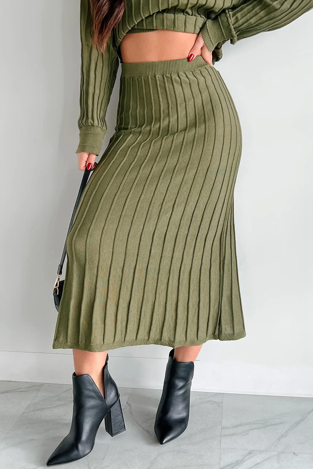 A Certain Sophistication Sweater Knit Midi Skirt (Olive)