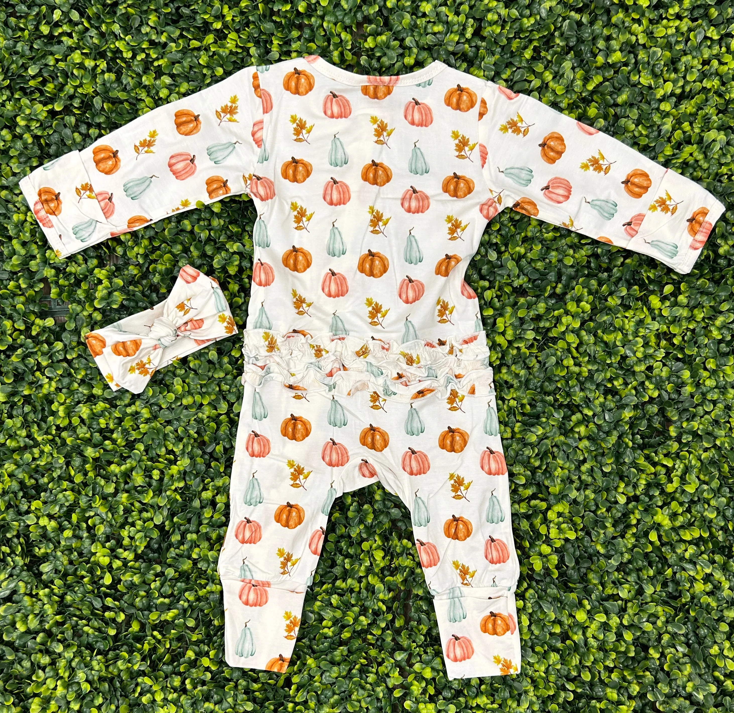 Abby and Evie White Pumpkin Print Ruffle Romper