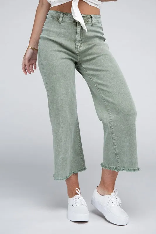 Acid Washed High Waist Frayed Hem Straight Pants