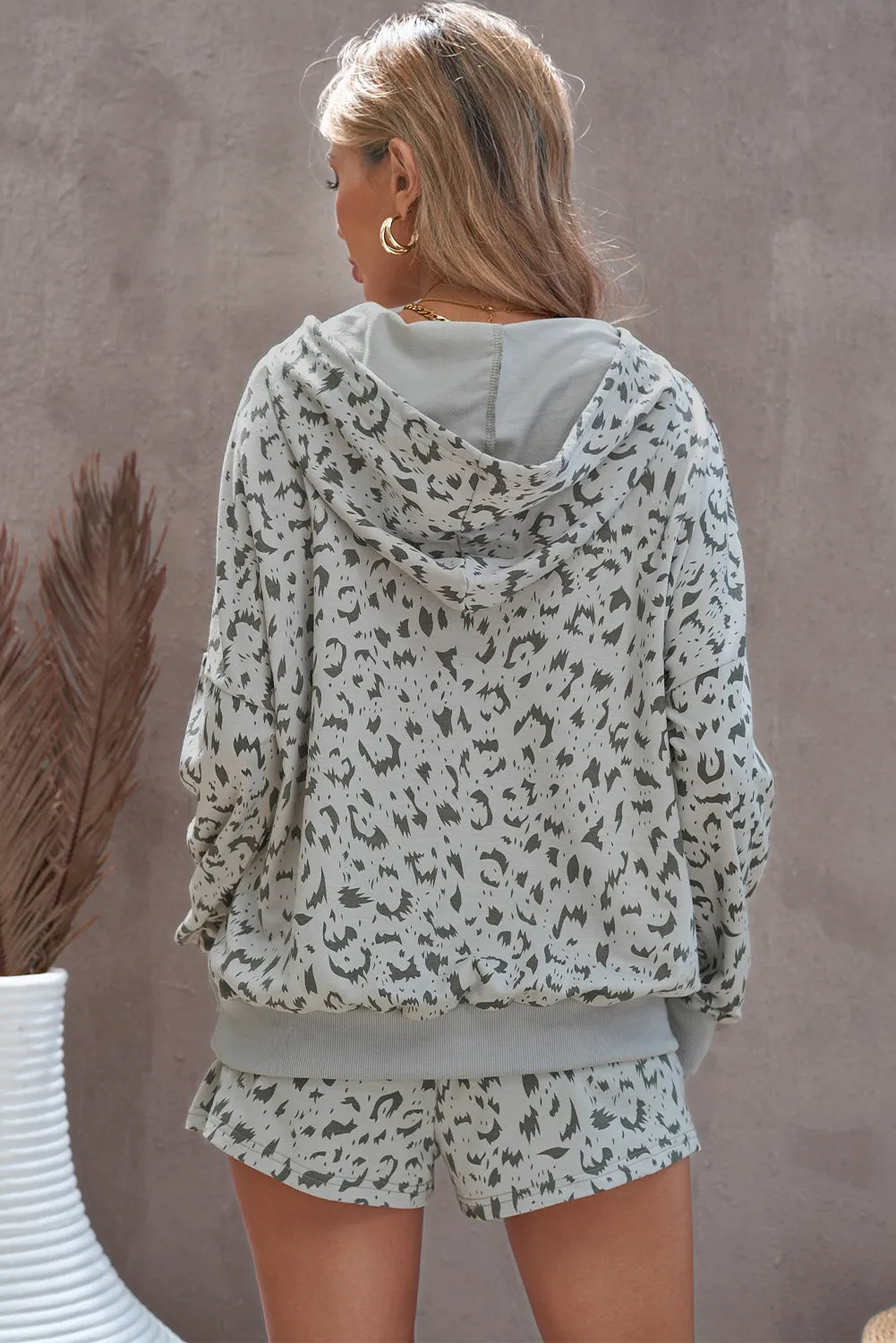 Animal Print Drawstring Detail Hoodie and Shorts Lounge Set