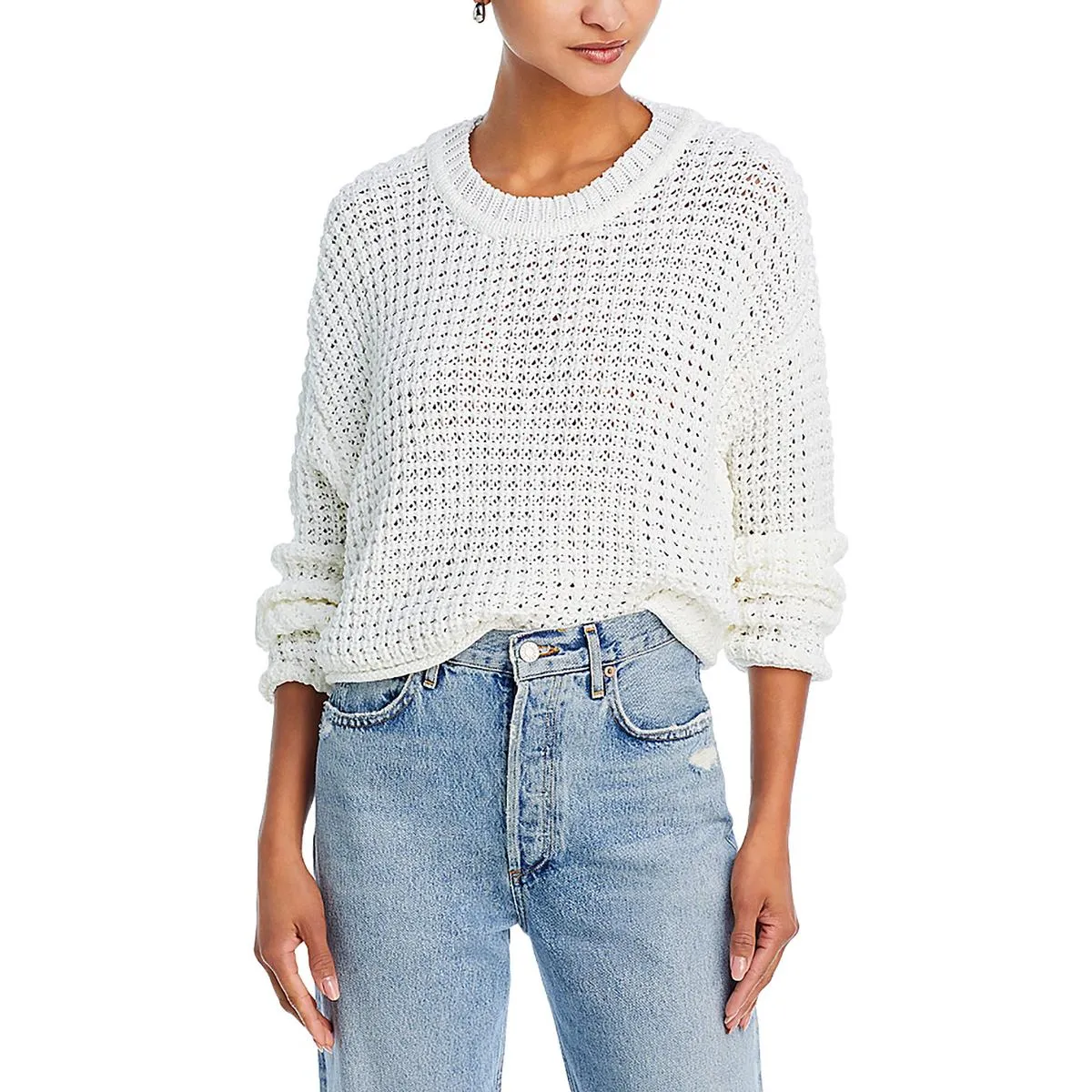 Aqua Womens Waffle Knit Crewneck Crop Sweater