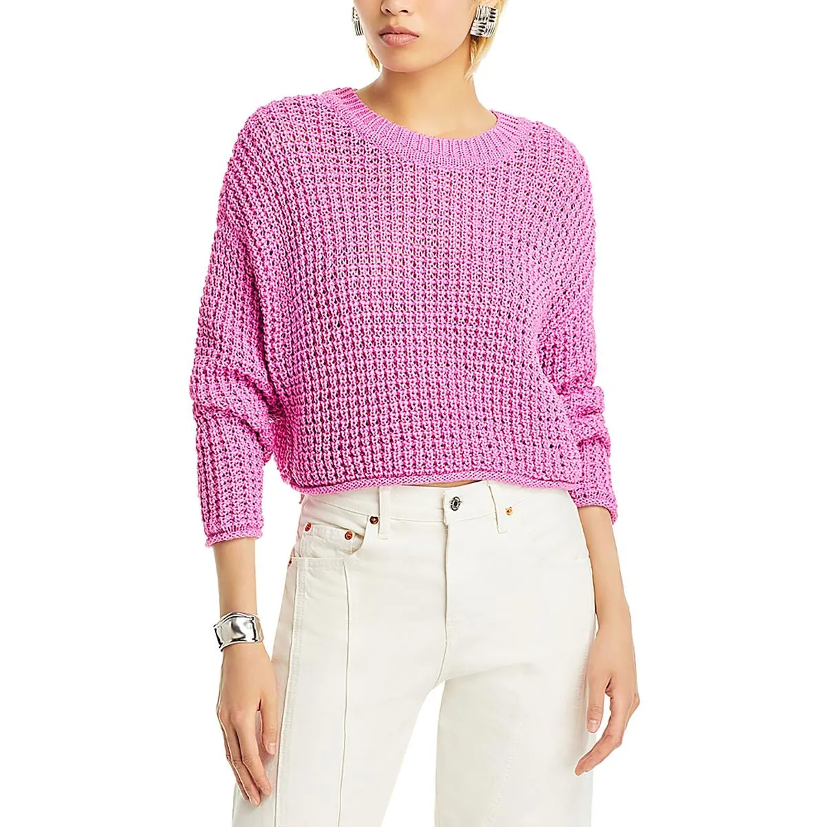 Aqua Womens Waffle Knit Crewneck Crop Sweater