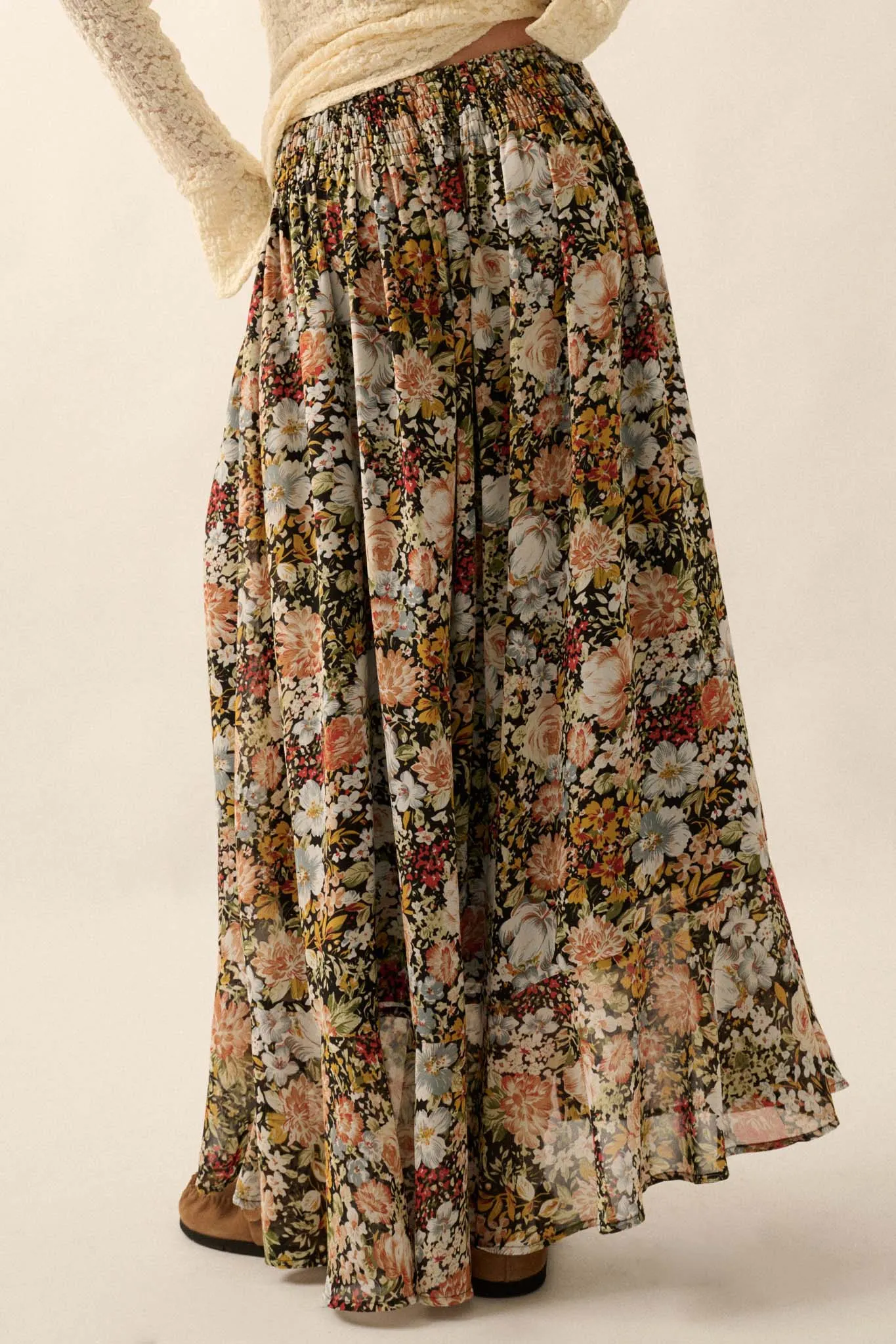 Autumn Bouquet Floral Chiffon Button-Front Maxi Skirt