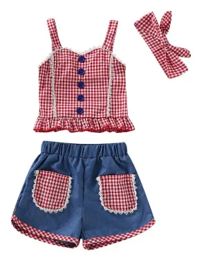 Baby Toddler Girl 3-Piece Set Checked Suspender Top Shorts Headband