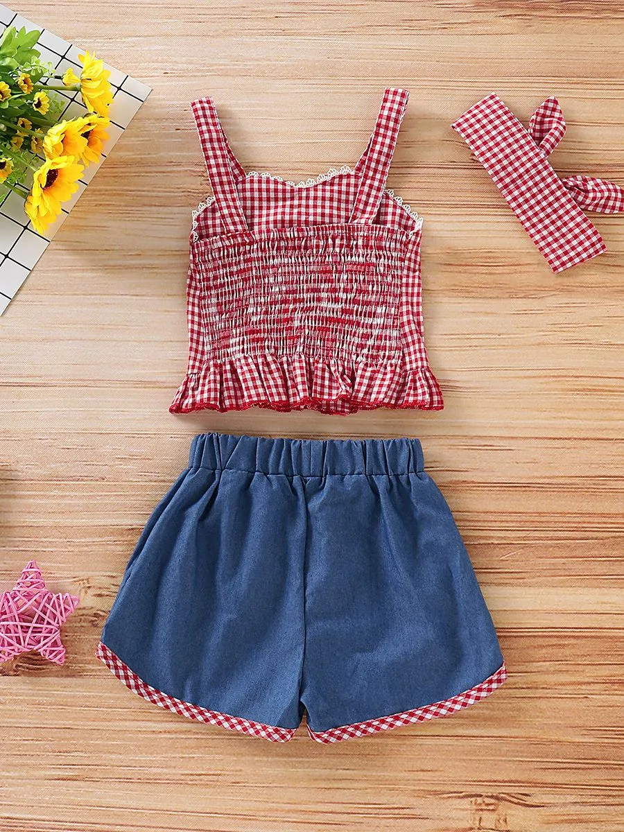 Baby Toddler Girl 3-Piece Set Checked Suspender Top Shorts Headband