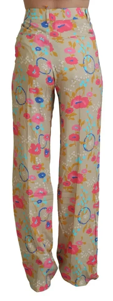 Beige Floral High Waist Straight Pants