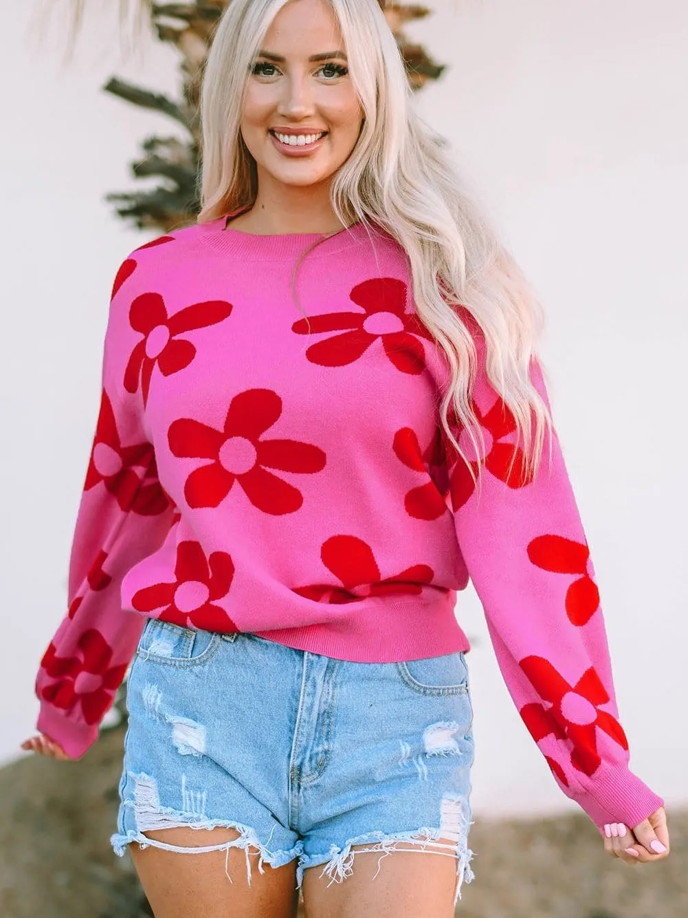 Big Floral Pattern Ribbed Trim Rose Sweater