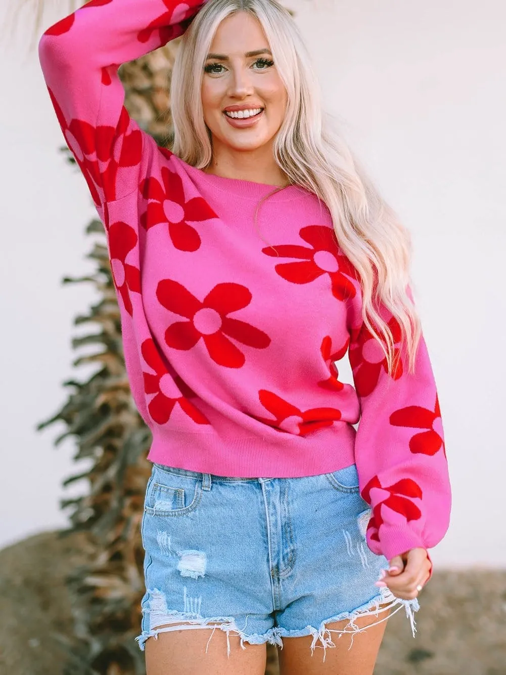 Big Floral Pattern Ribbed Trim Rose Sweater