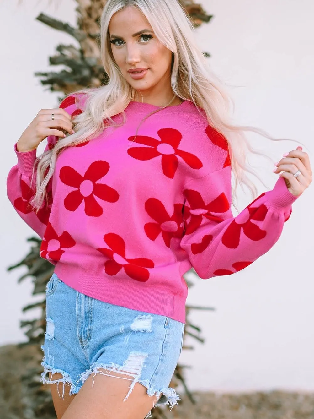 Big Floral Pattern Ribbed Trim Rose Sweater