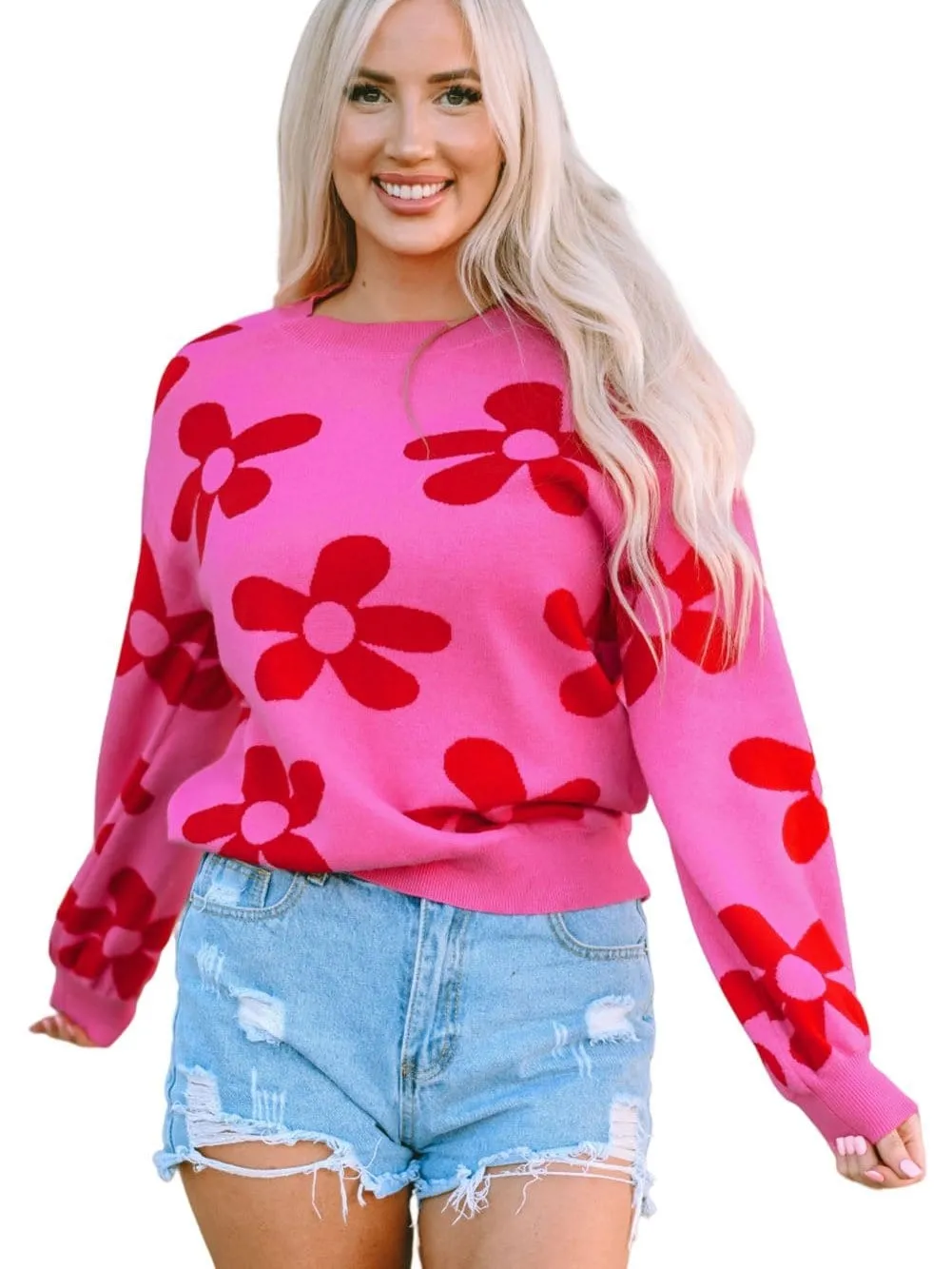 Big Floral Pattern Ribbed Trim Rose Sweater