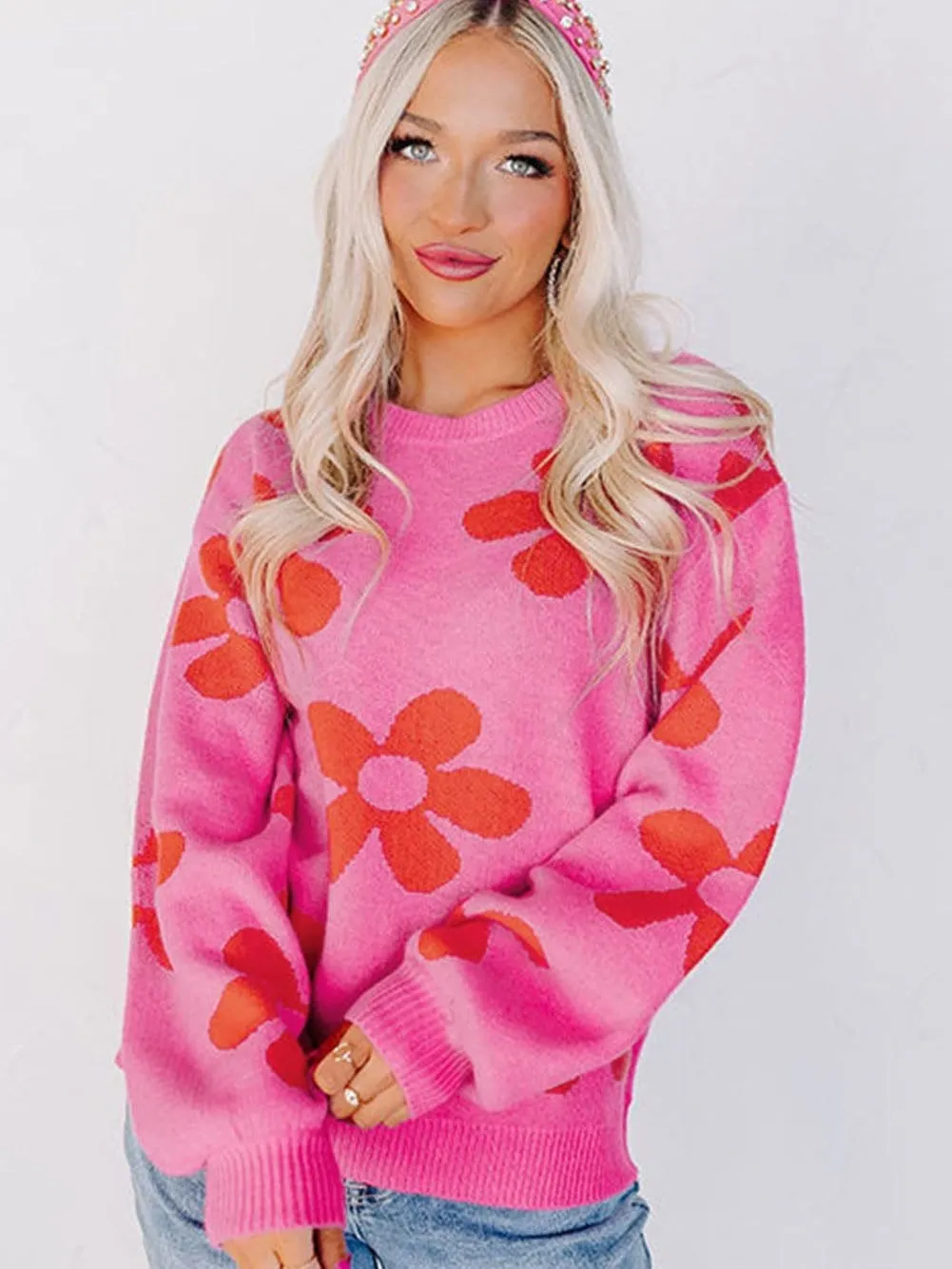 Big Floral Pattern Ribbed Trim Rose Sweater