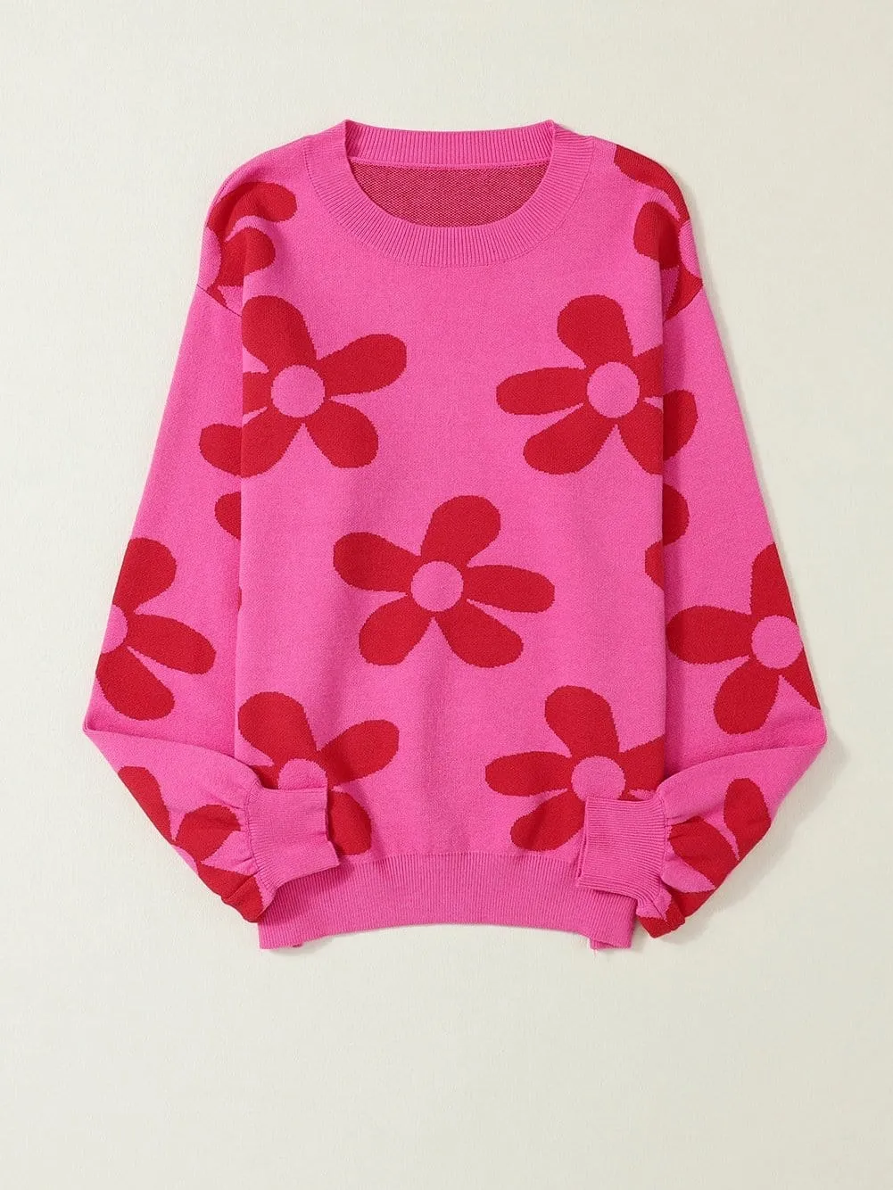 Big Floral Pattern Ribbed Trim Rose Sweater