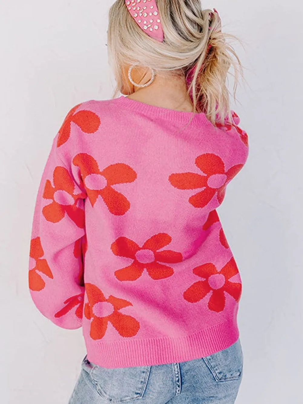 Big Floral Pattern Ribbed Trim Rose Sweater