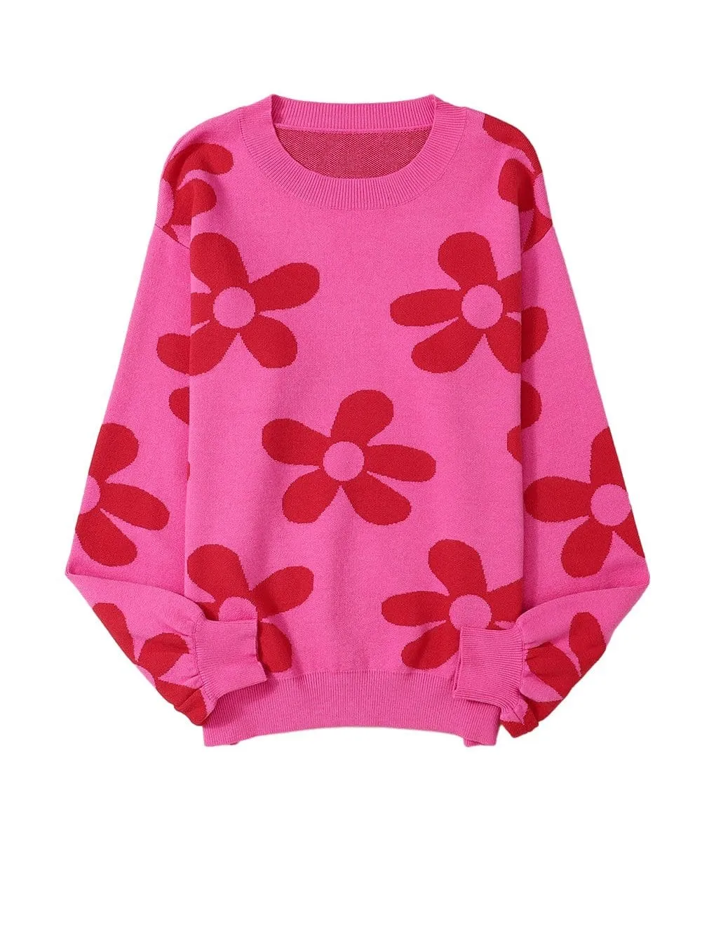 Big Floral Pattern Ribbed Trim Rose Sweater