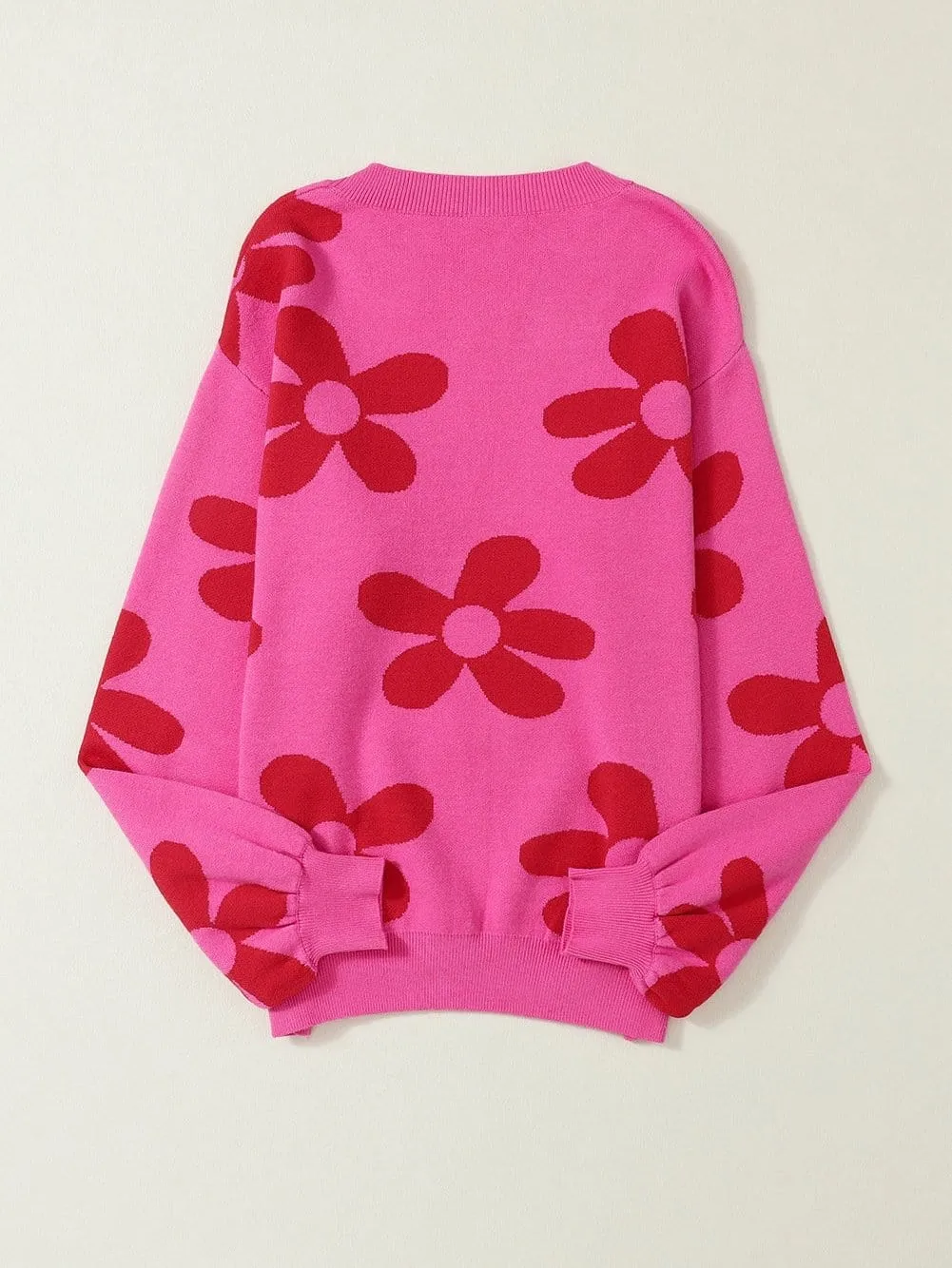 Big Floral Pattern Ribbed Trim Rose Sweater