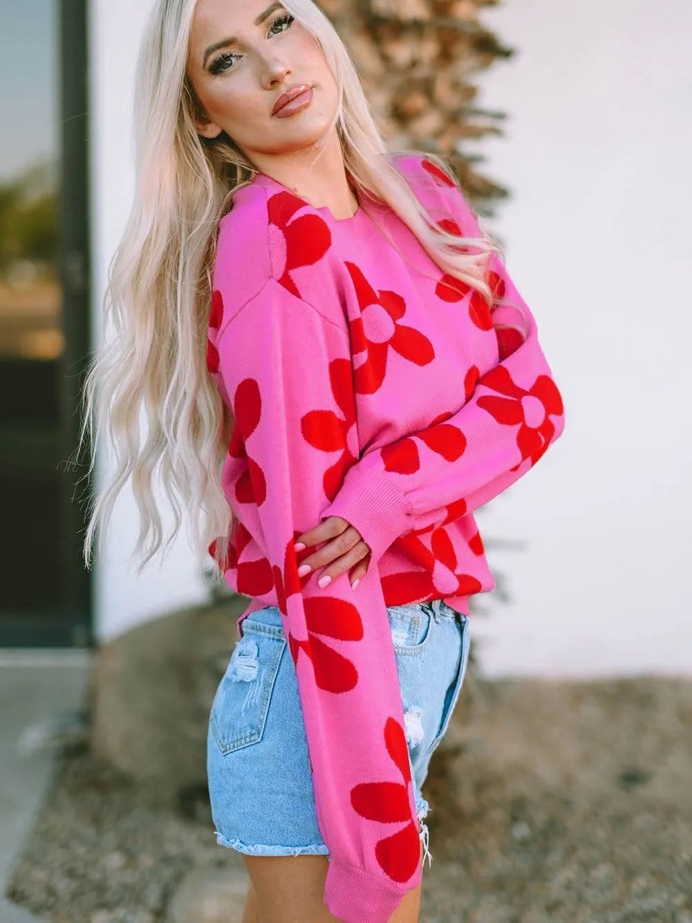 Big Floral Pattern Ribbed Trim Rose Sweater