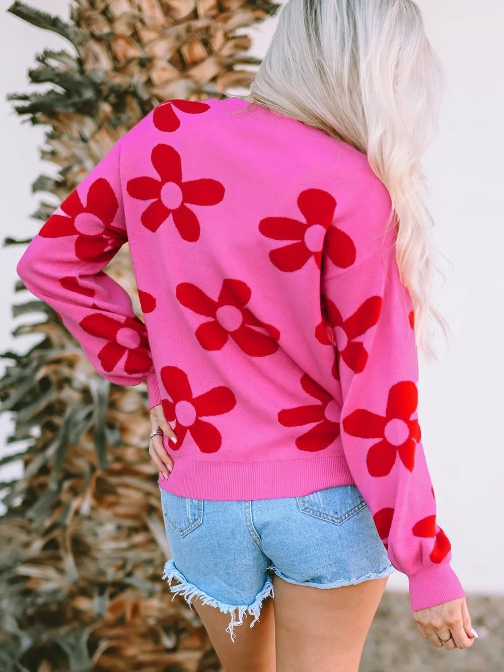 Big Floral Pattern Ribbed Trim Rose Sweater