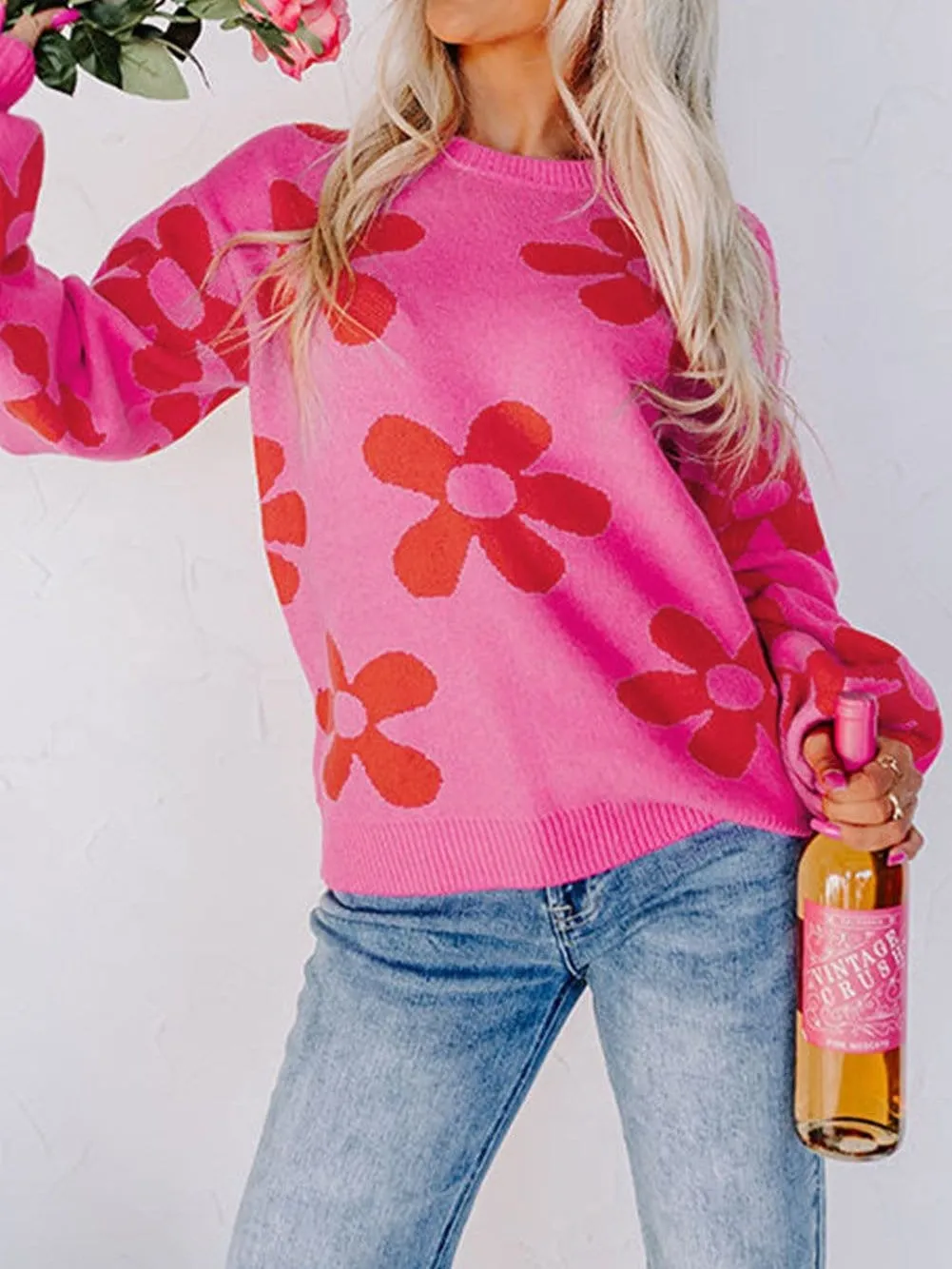 Big Floral Pattern Ribbed Trim Rose Sweater