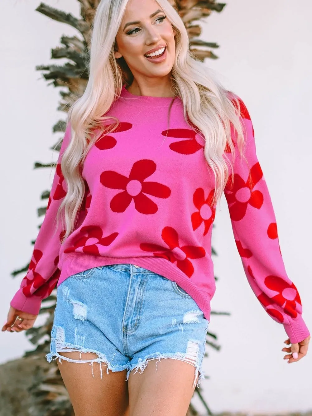 Big Floral Pattern Ribbed Trim Rose Sweater