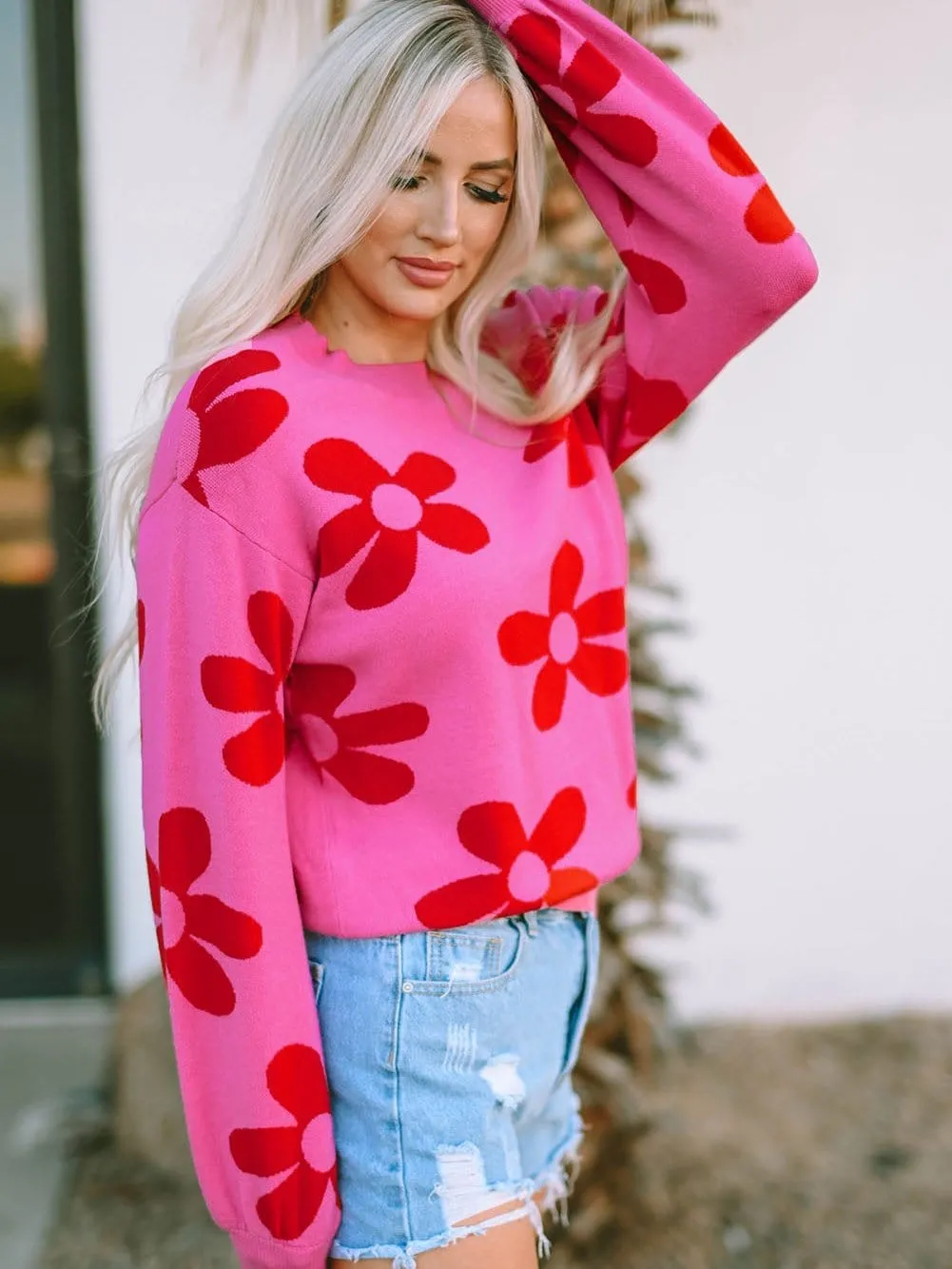 Big Floral Pattern Ribbed Trim Rose Sweater