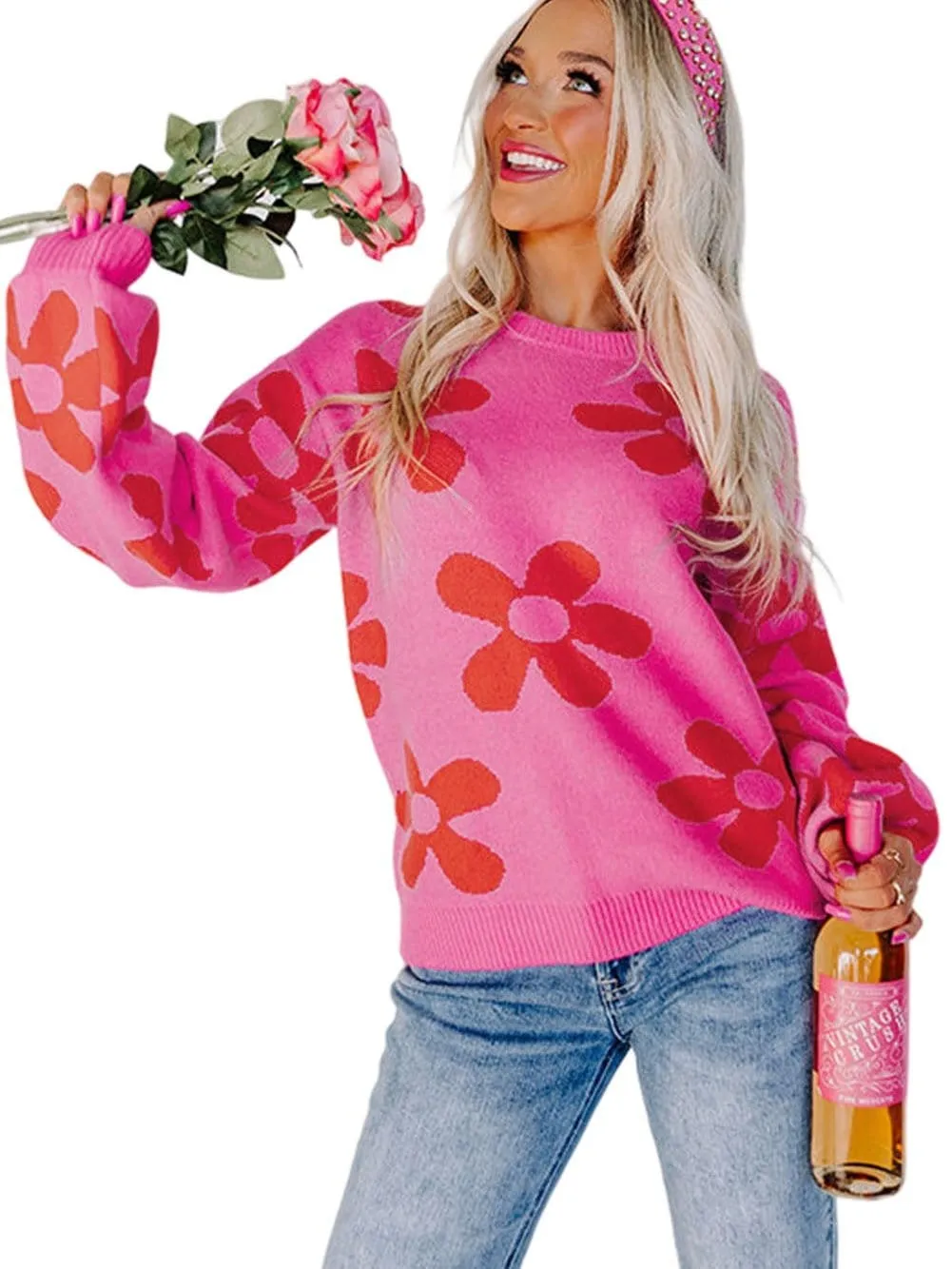 Big Floral Pattern Ribbed Trim Rose Sweater