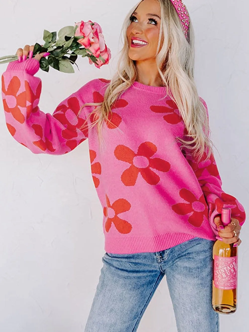 Big Floral Pattern Ribbed Trim Rose Sweater