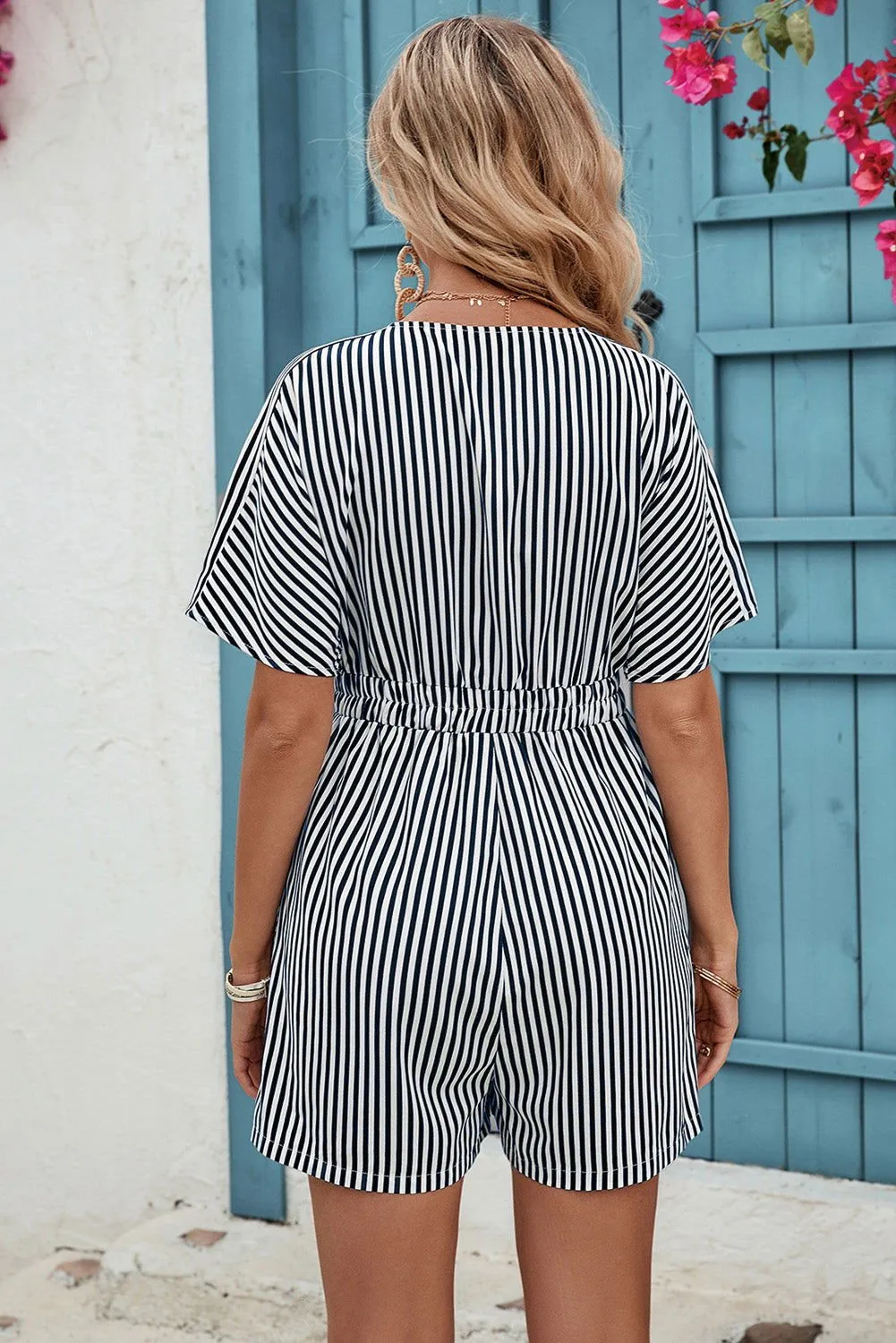 Black Stripe V Neck Button Up Pocketed Short Sleeve Romper