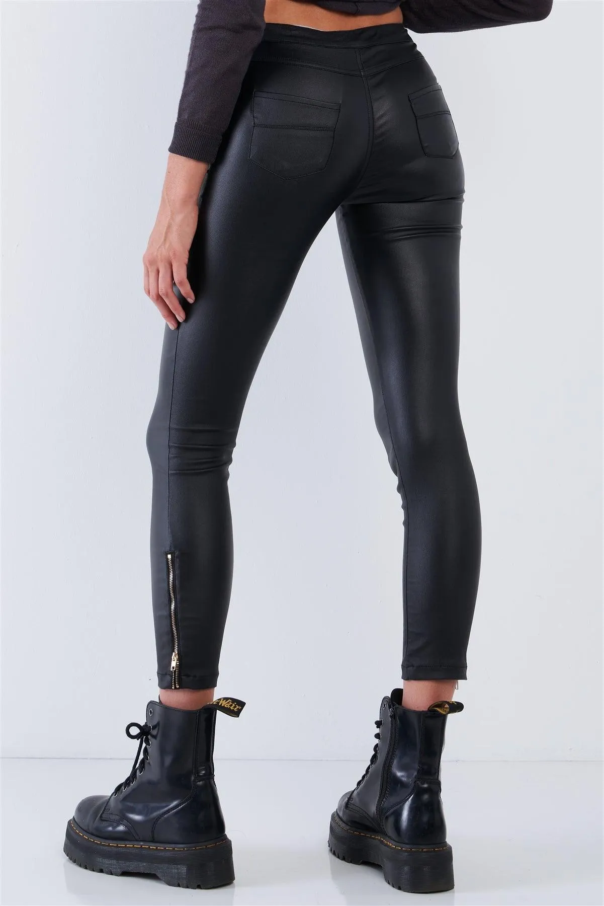 Black Vegan Leather High Waisted Slim Fit Front Zipper Detail Pants /2-2-2