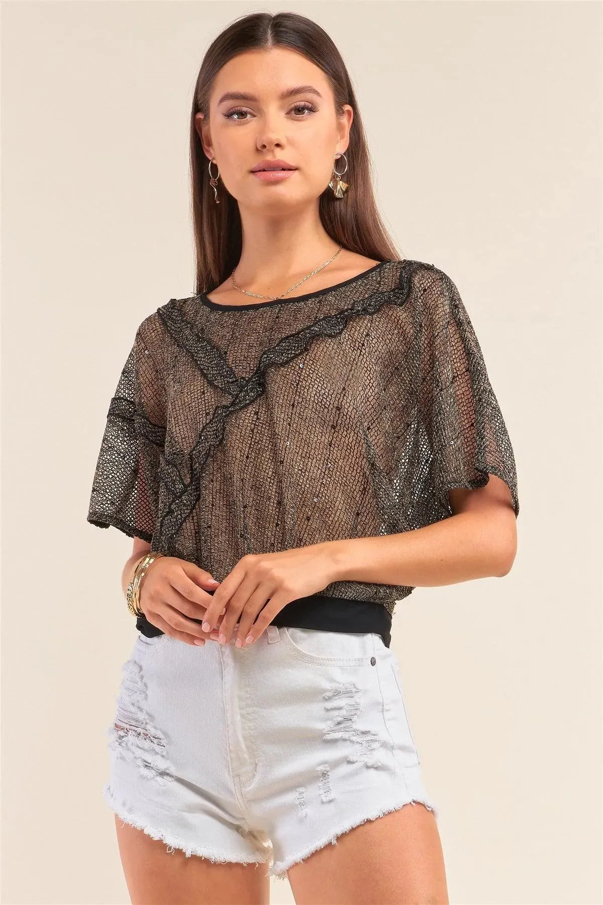 Black&Yellow Sequin Net Frill Detail Round Neck Relaxed Fit Mesh Hem Top /1-2-1