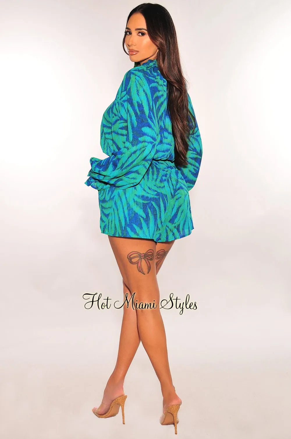 Blue Green Palm Print Long Sleeve Button Up V Neck Belted Romper