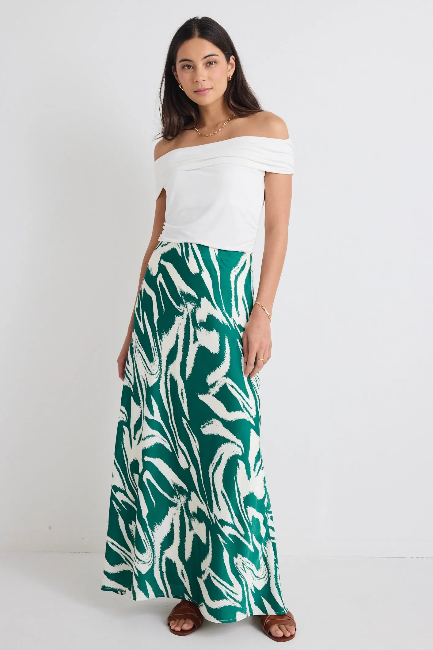 Breathe Green Zebra Satin Bias Maxi Skirt