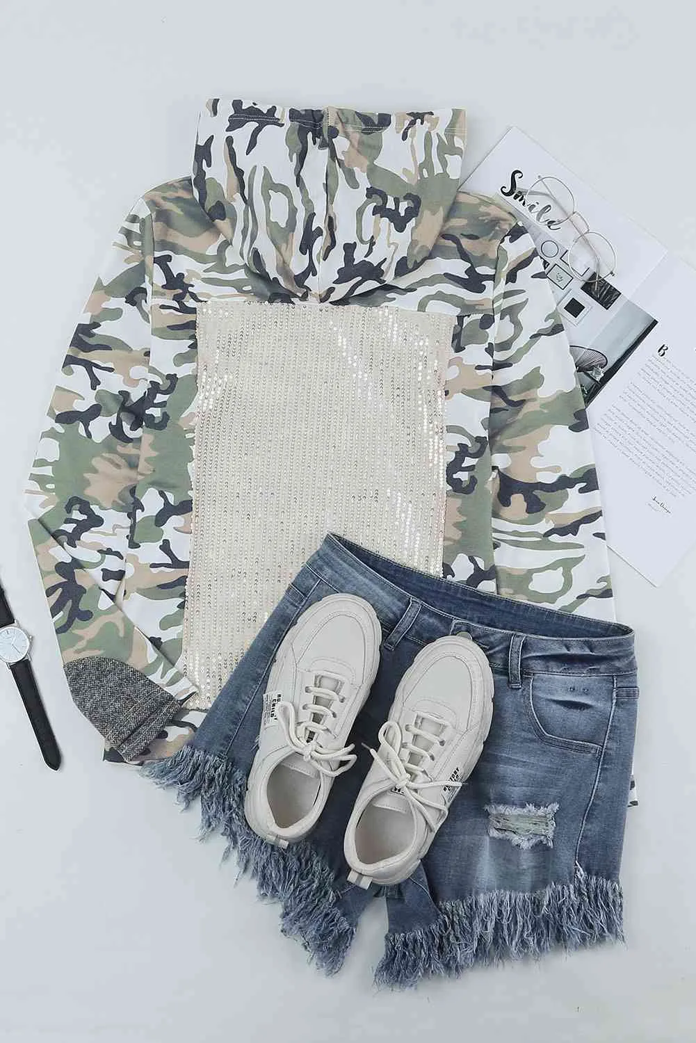 Camouflage Sequin Drawstring Hoodie