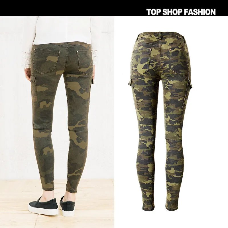 Camouflage Side Packets High Waist Print Long Skinny Pants