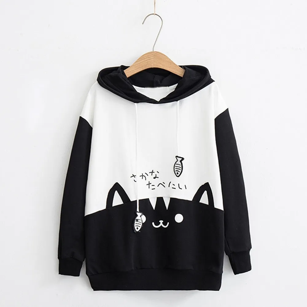 Cartoon Cat Fish Drawstring Hoodie