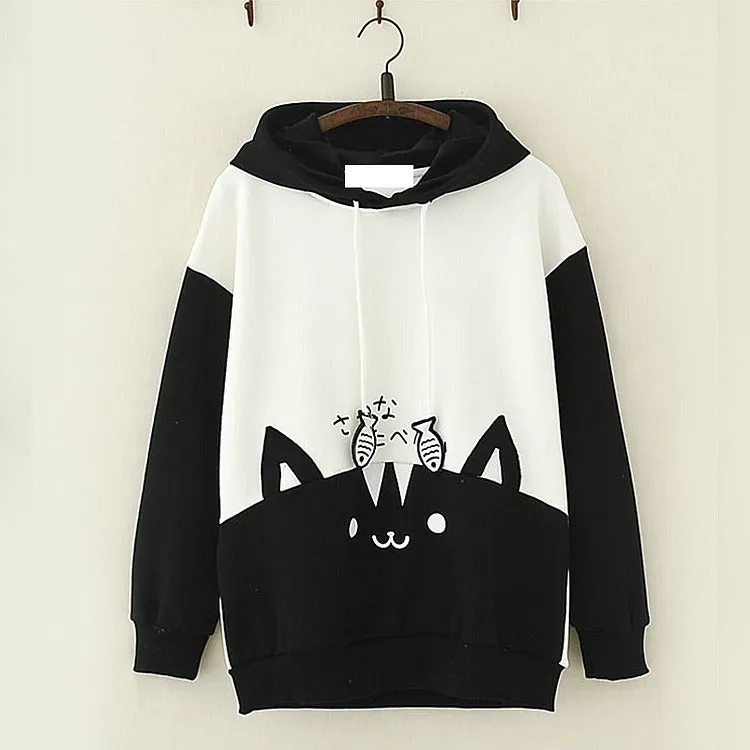 Cartoon Cat Fish Drawstring Hoodie