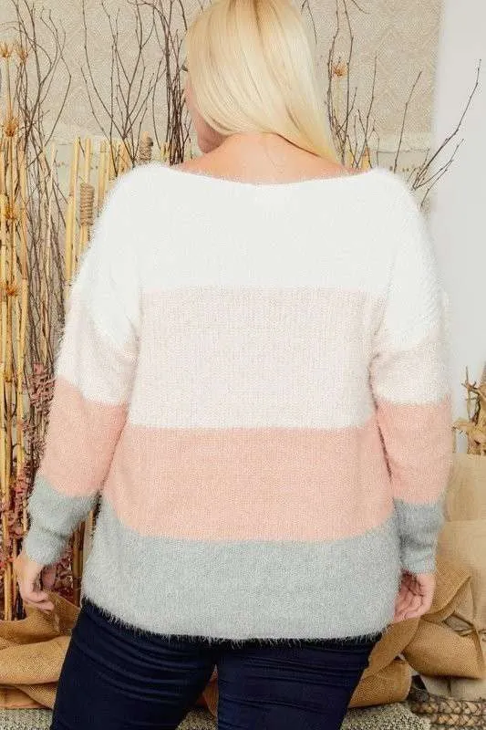 COLOR BLOCK FUZZY KNIT SWEATER - MULTI