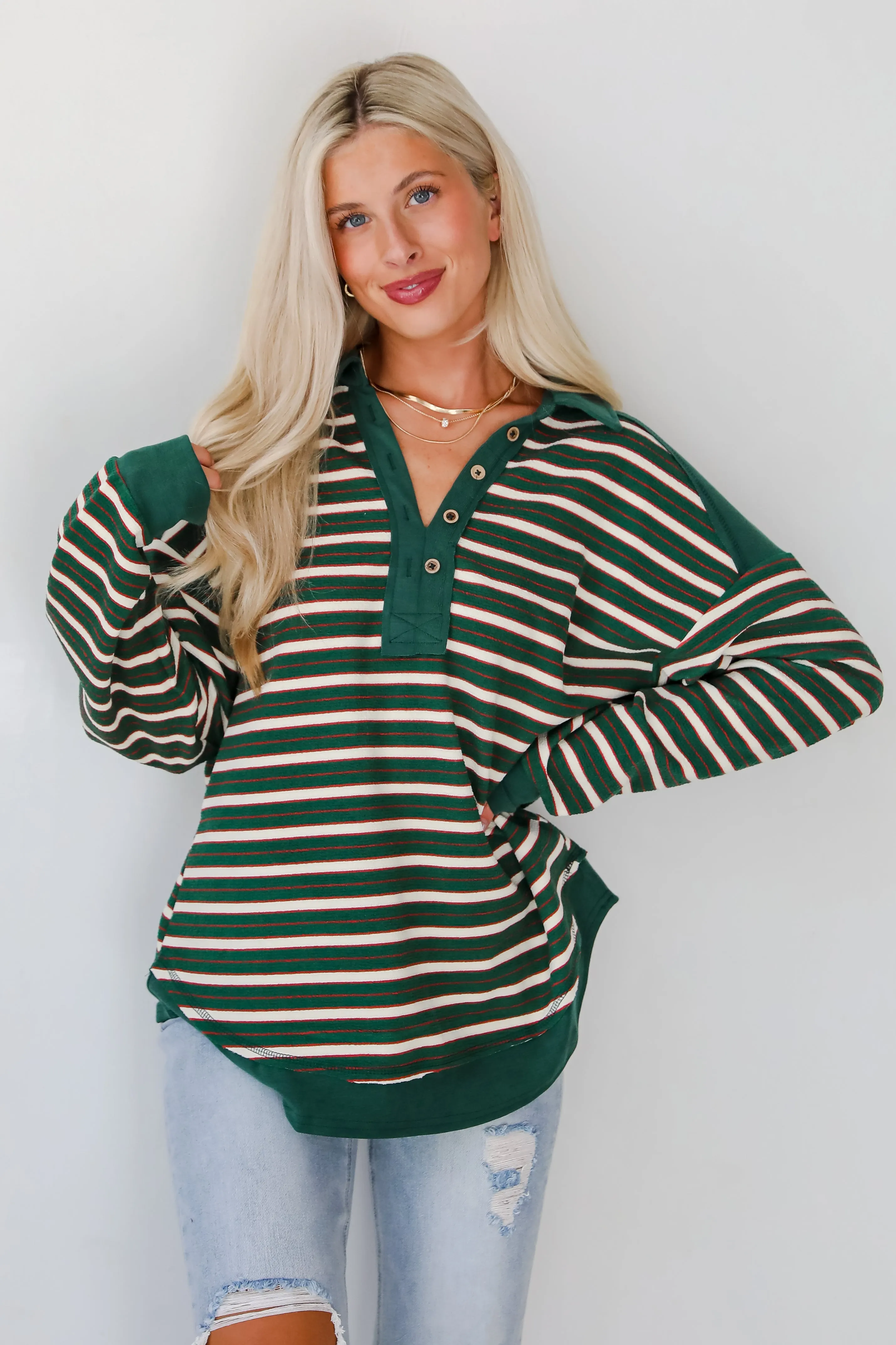 Confirmed Vibe Hunter Green Striped Collared Top - DOORBUSTER