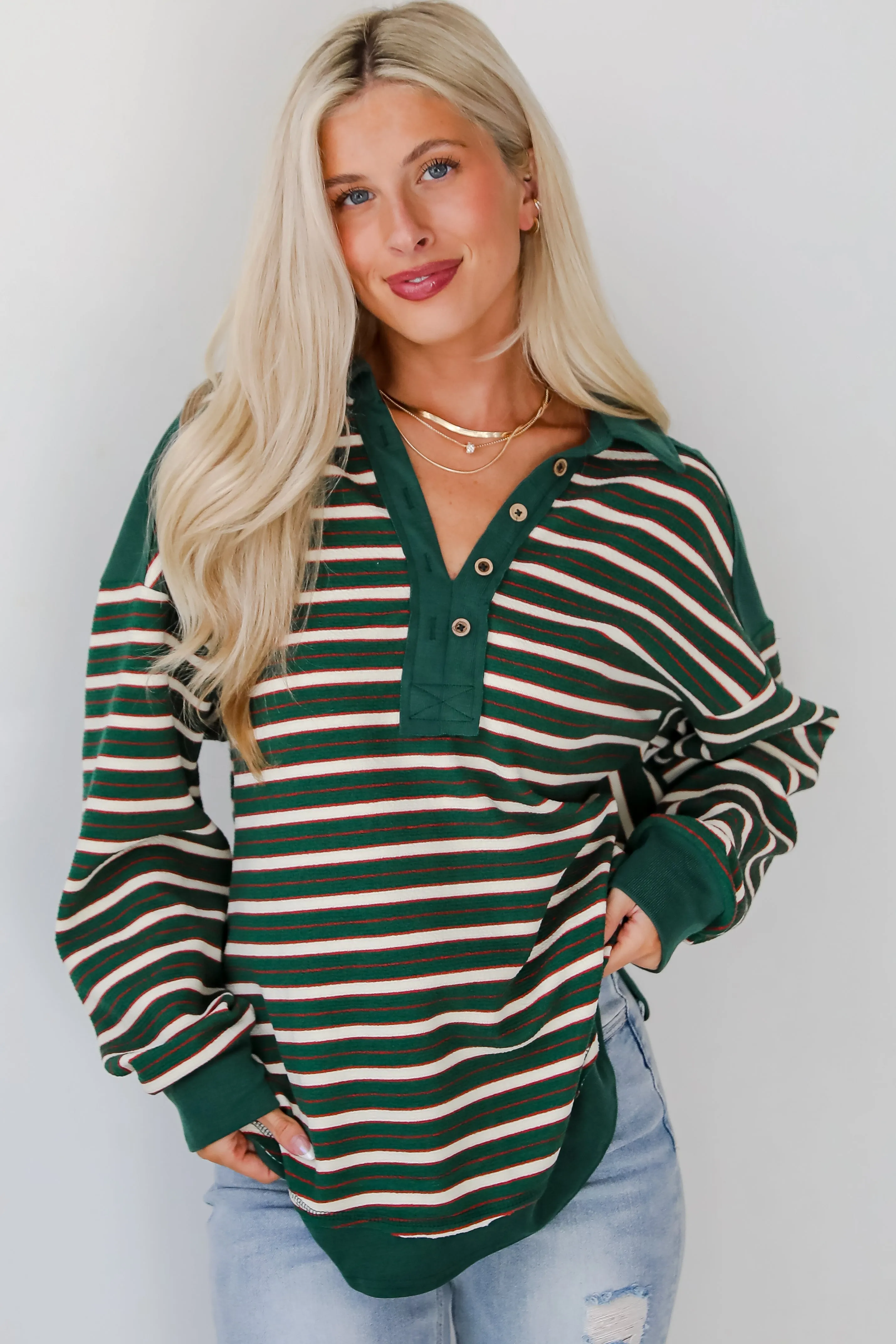 Confirmed Vibe Hunter Green Striped Collared Top - DOORBUSTER