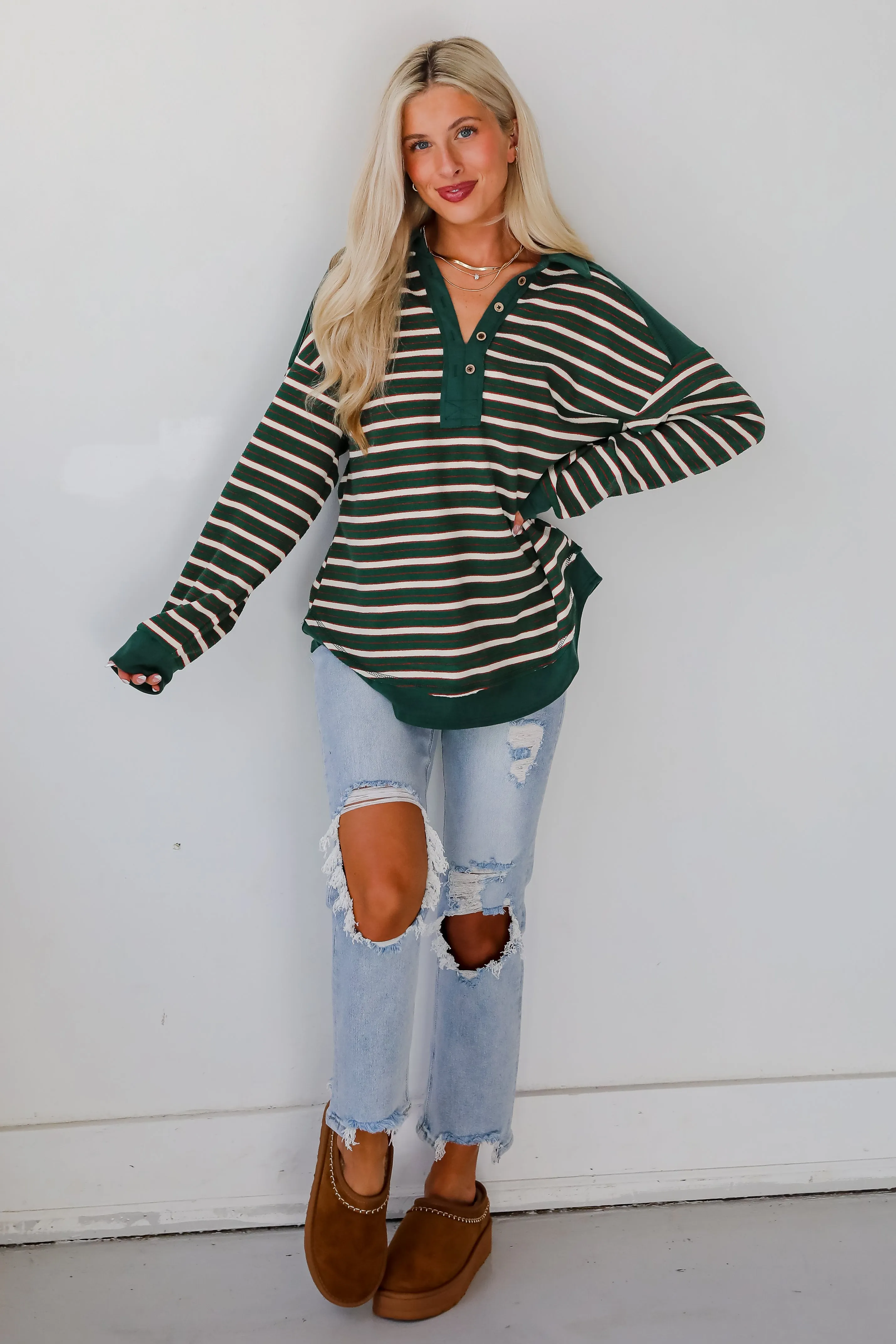 Confirmed Vibe Hunter Green Striped Collared Top - DOORBUSTER