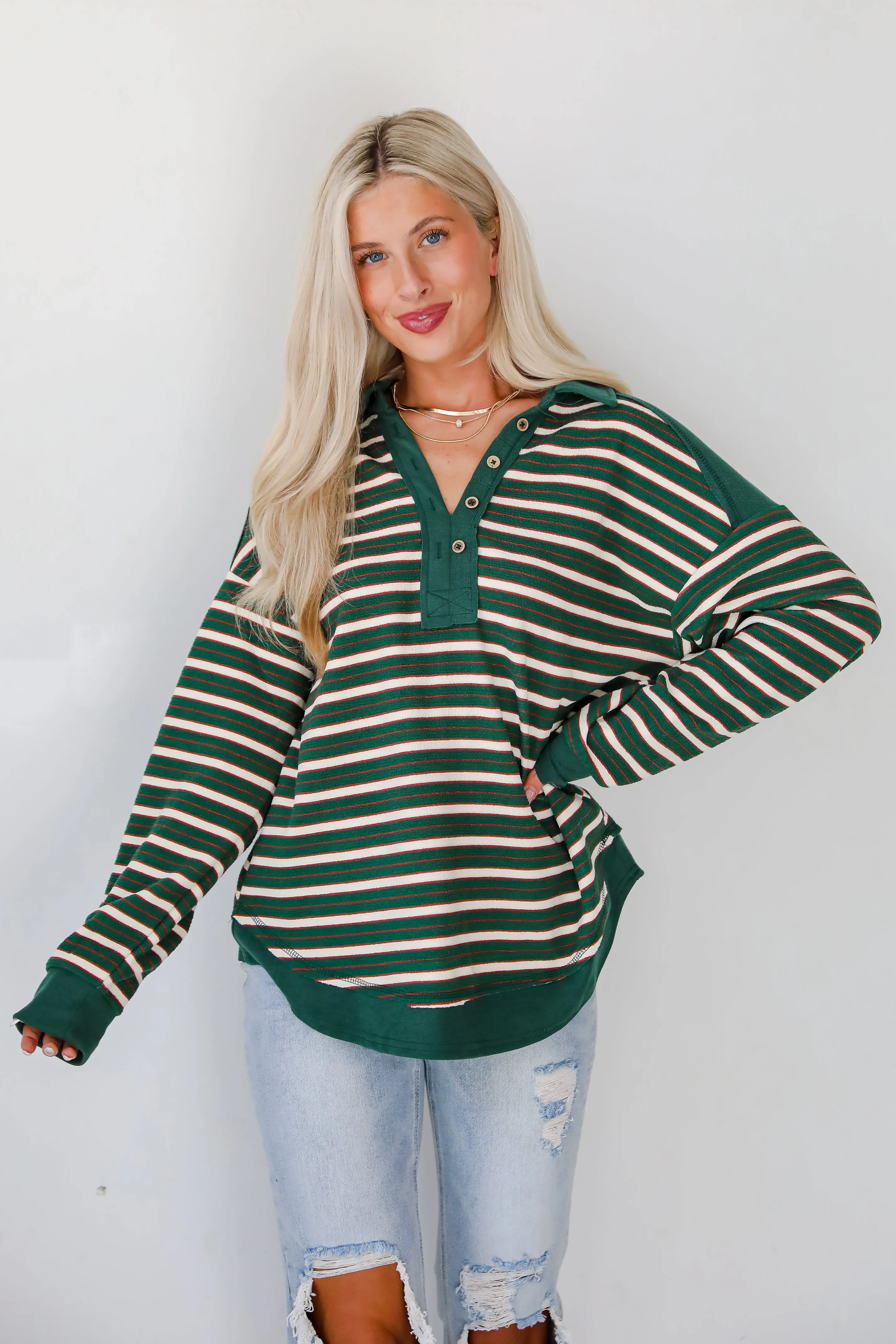 Confirmed Vibe Hunter Green Striped Collared Top - DOORBUSTER