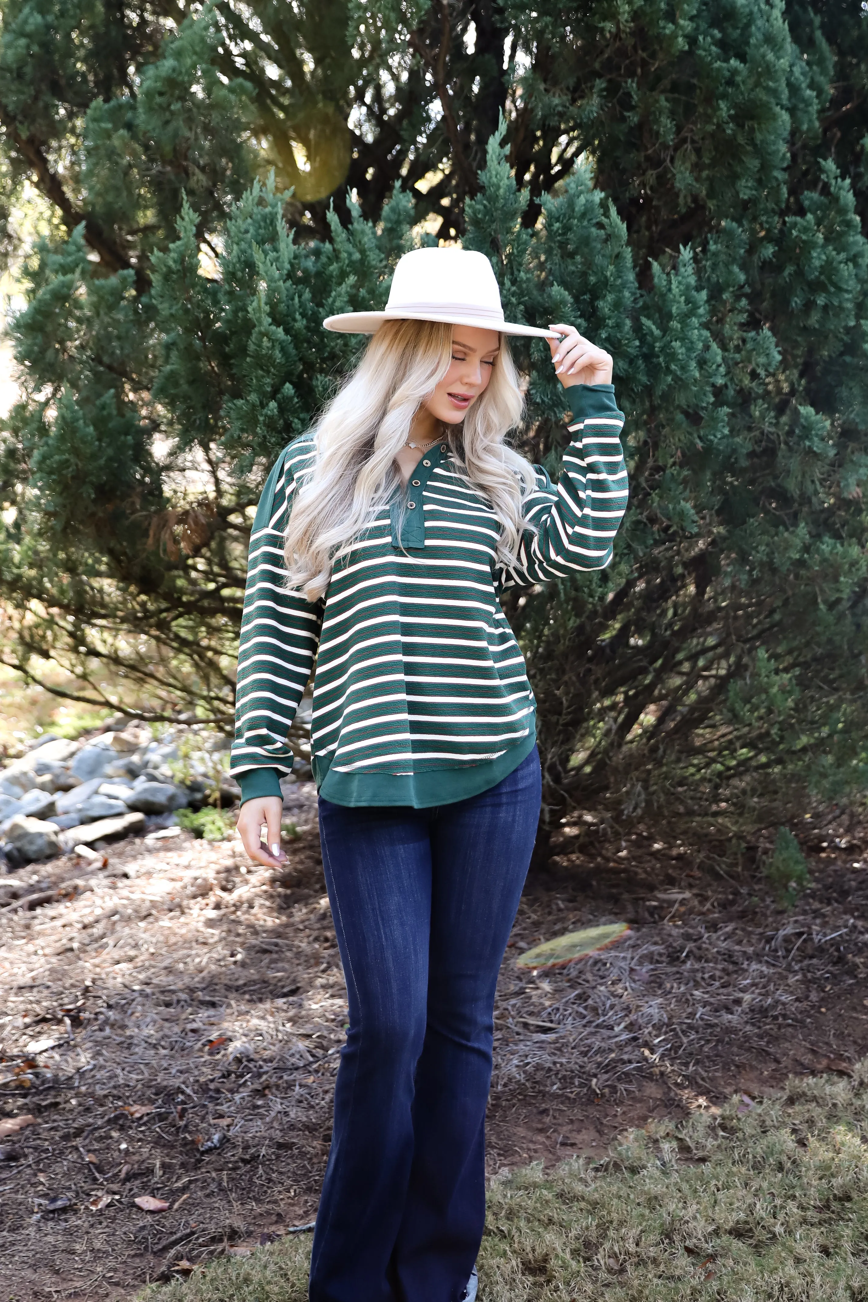 Confirmed Vibe Hunter Green Striped Collared Top - DOORBUSTER