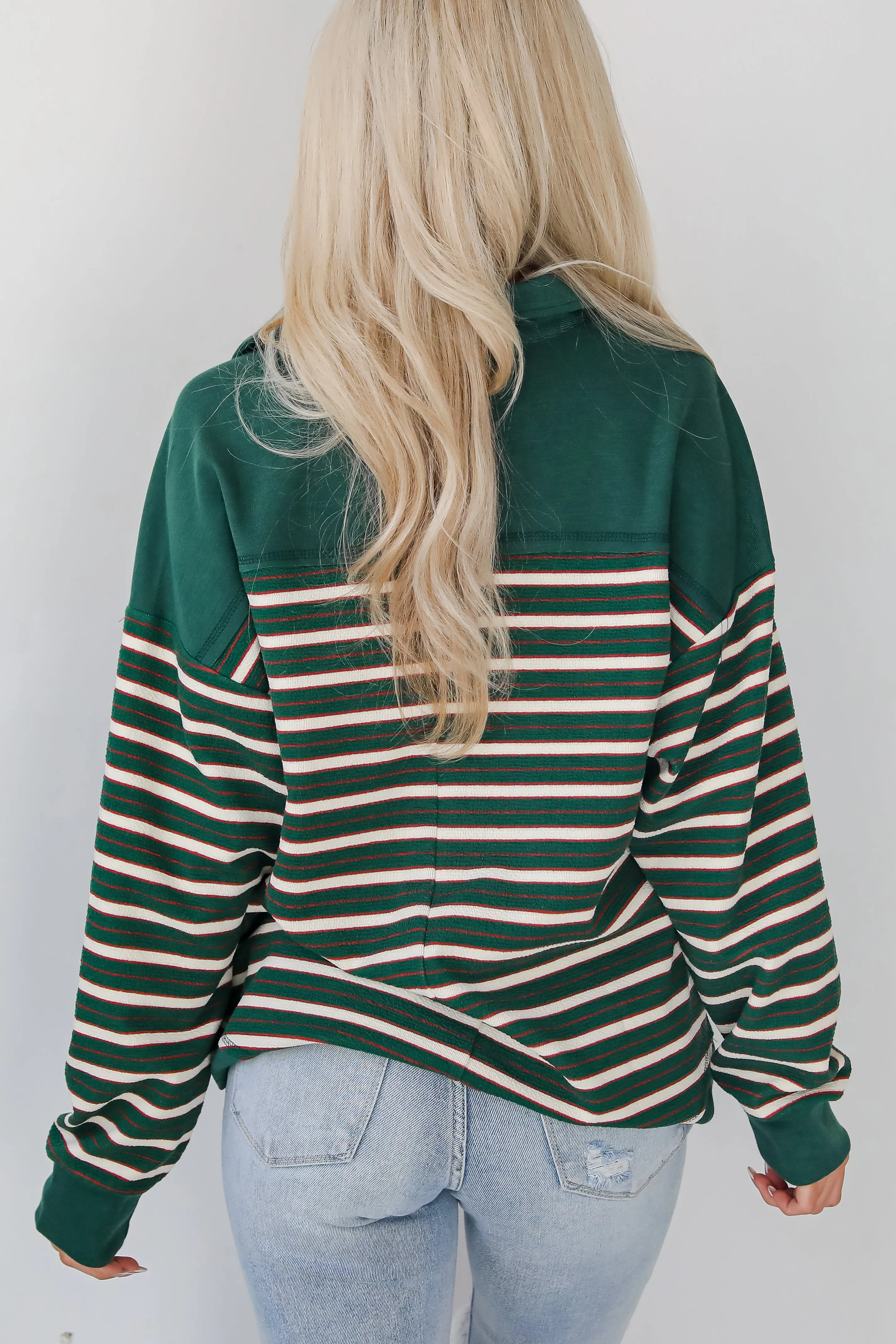 Confirmed Vibe Hunter Green Striped Collared Top - DOORBUSTER