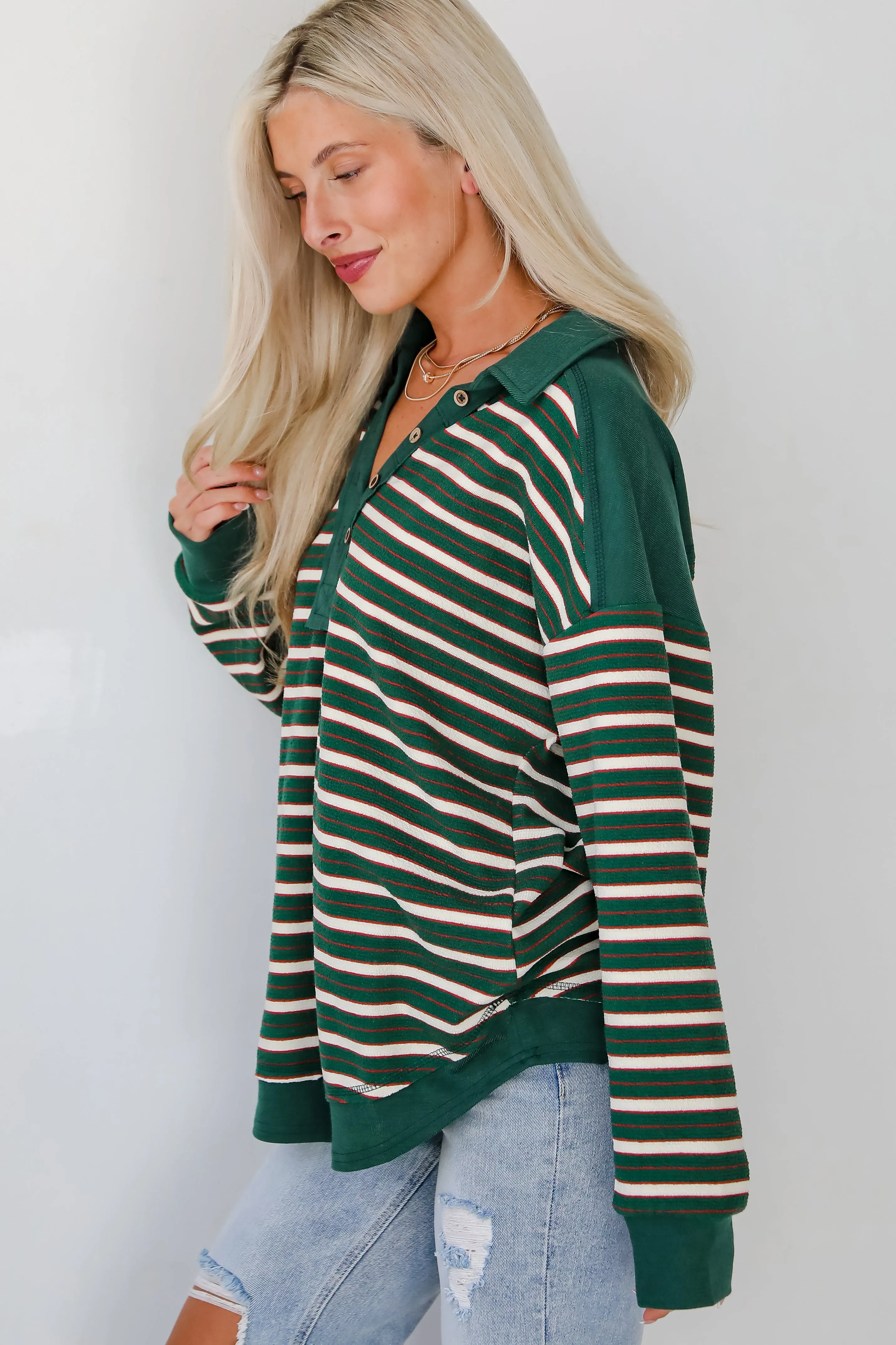 Confirmed Vibe Hunter Green Striped Collared Top - DOORBUSTER