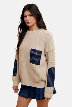 Contrast Details Sweater with Patch Pocket