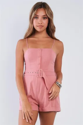 Coral Pink Polka Dot Belted Button Up Romper