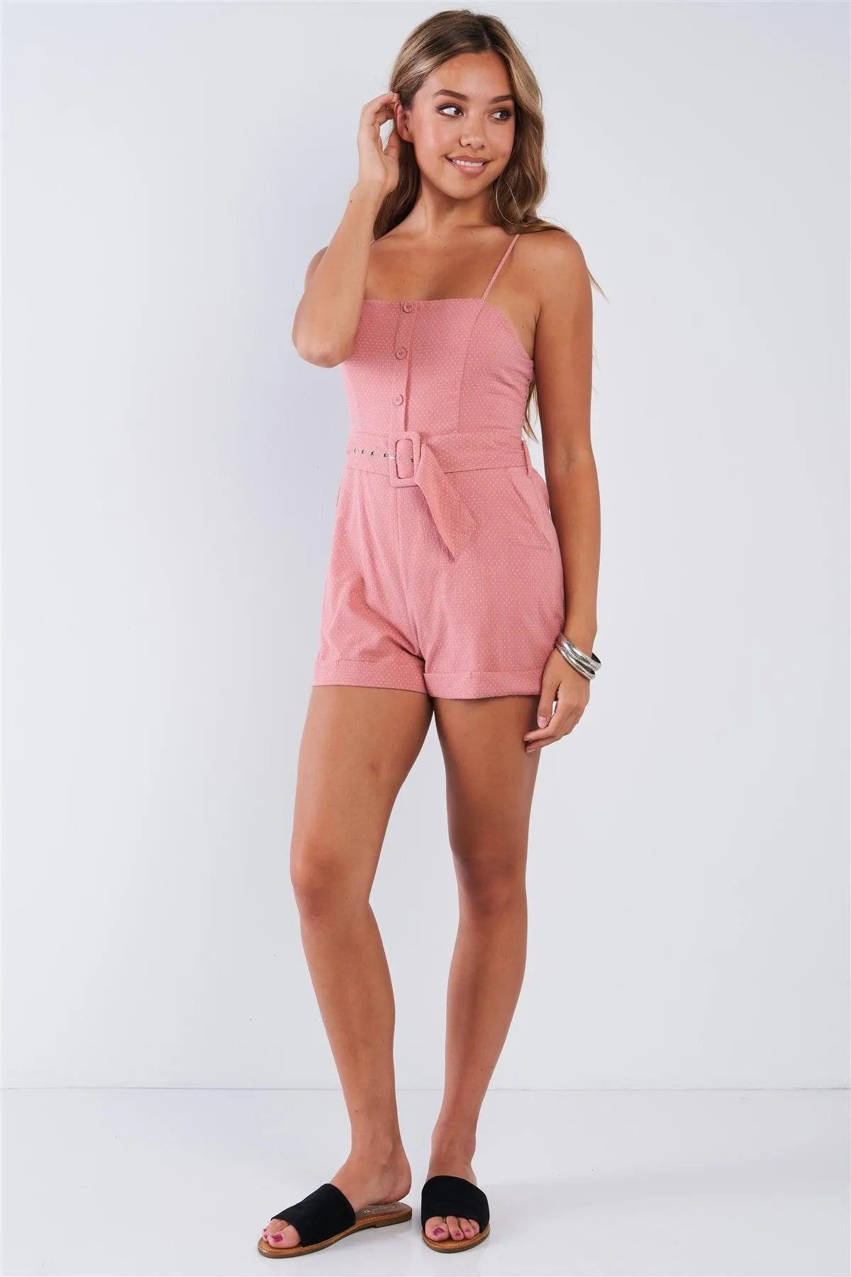 Coral Pink Polka Dot Belted Button Up Romper